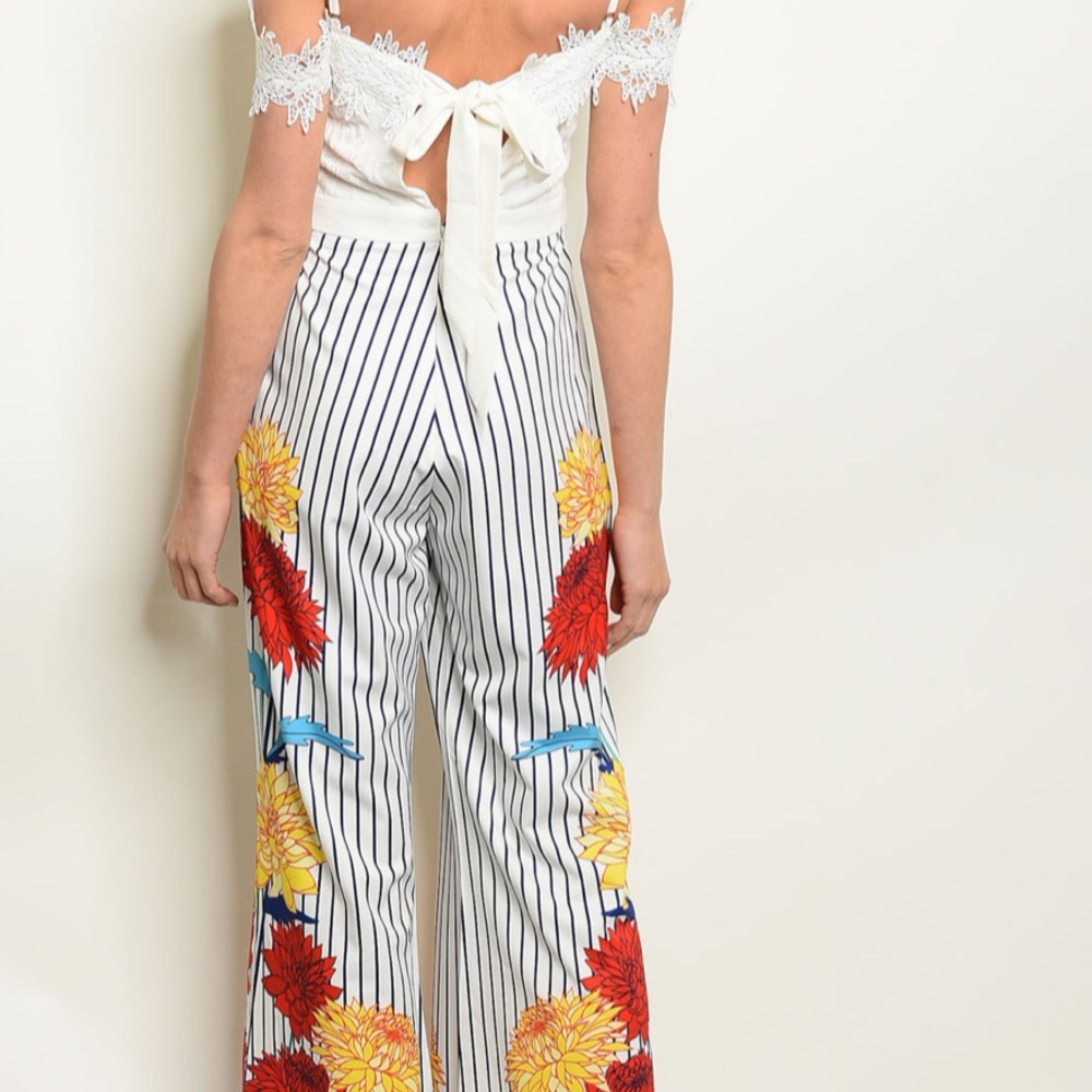 Brand New White & Blue Striped Floral Jumpsuit - Picture 2 of 8